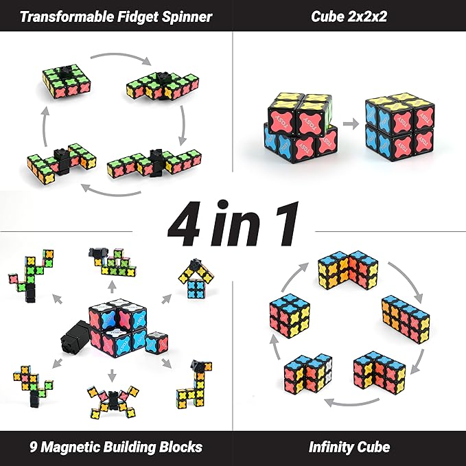 TOSY Magnet Fidget Spinner Mini - 8 Blocks, 3in1 Toy: Transformable Fidget Spinner, Infinity Cube, 2x2 Puzzle Cube, Easter Basket Stuffers Gift for Kids/Adult, STEM Sensory Stress Relief Toy, 4-Pack