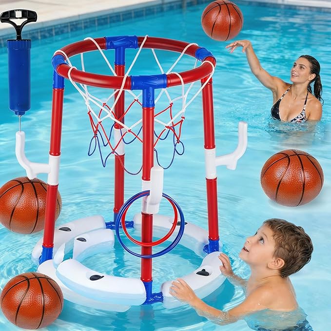 Taotuo Red Floating Pool Basketball Hoop, 2-in-1 Basketball & Ring Toss Game with 4 Balls, 6 Rings&Pump, Summer Pool Toys Outdoor Water Fun Family Party for Age 3-12