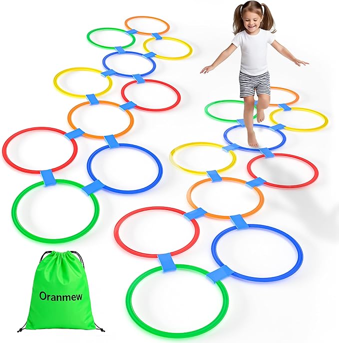 Hopscotch Rings, 2-Set – 20 Round Hoops (11-inch) + 30 Connectors, Agility Rings for Kids, Builds Gross Motor Skills, Preschool & Kindergarten PE, Indoor/Outdoor Playground Obstacle Course