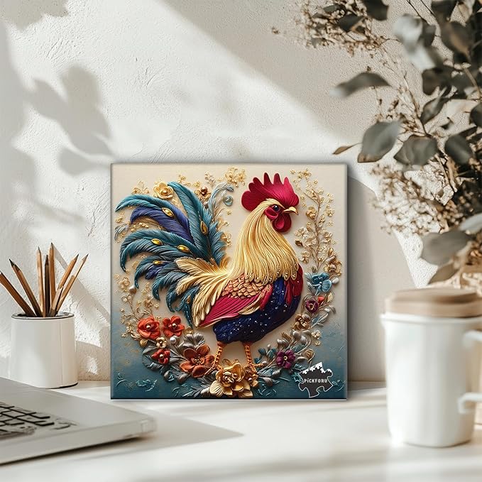 PICKFORU Rooster 1000 Piece Puzzle for Adults, Embroidery Art Chicken Jigsaw Puzzles Flower, Sewing Animal Theme Puzzle