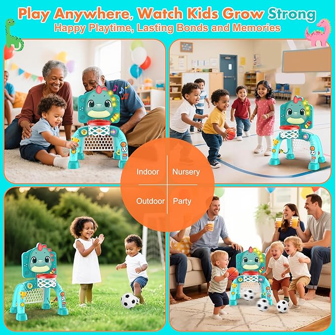 Dinosaur Kids Sports Play Toy: 4-in-1 Multifunction Indoor Outdoor Activity – Basketball Toss, Ring Throw, Ball Play & Music Lights to Improve Motor Skills, Birthday Gift for Boys Girls Age 1-3