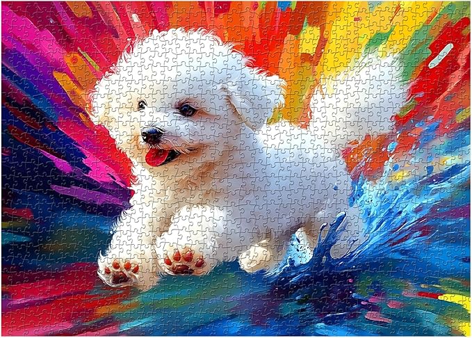 Dog Jigsaw Puzzles 1000 Pieces, Larkipuzz Cute Puppy Puzzles for Adults Bichon Frize, Impossible Gradient Colorful Rainbow Art Theme as Wall Decor