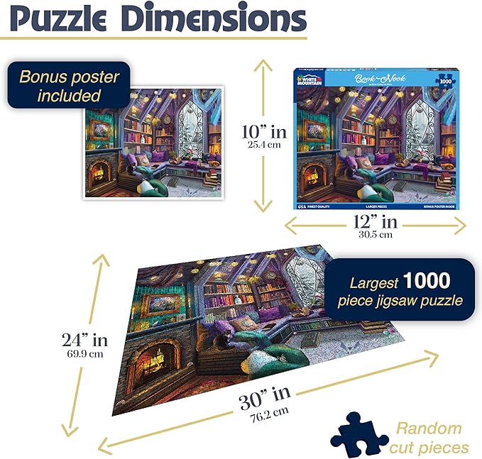 White Mountain 1000 Piece Jigsaw Puzzle Cozy Library Corner Puzzles with Large Pieces for Adults and Family 24"x30" - Book Nook