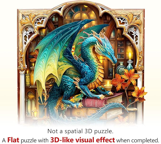Wooden Puzzles for Adults, Bookcase Dragon Jigsaw Puzzles, 300 Piece Unique Shaped Puzzle, Animal Theme Shape Puzzle, Gifts for Adults/Friends/Family, Family Game，Wall Decor(13.2 * 12.9in)