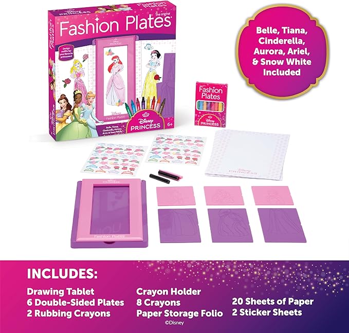 Fashion Plates Disney Princess – Mix-and-Match Drawing Kit, Arts and Crafts, Coloring, Art Supplies, Craft Supplies, Stencils, Crayons Included, Create Your Own Designs, Ages 6+