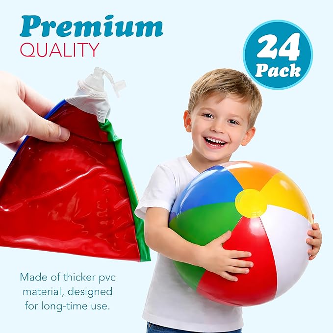 4E's Novelty 24 Pack -16 Inch Inflatable Beach Balls Bulk 24 - Birthday Pool Party Favors for Kids, Summer Goodie Bags Easter Basket Stuffers Toys, End of Year Student Gifts for Class