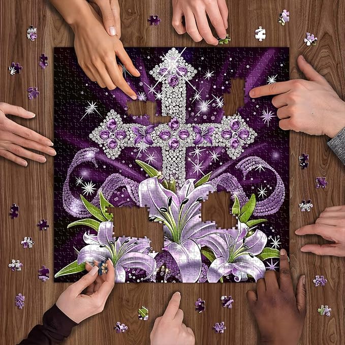 Cross Flowers Puzzle for Adults 1000 Pieces, Christian Easter Puzzles Purple Lilies, Religious Faith Jigsaw Puzzle Floral Art, Easter Catholic Wall Decor