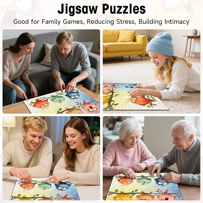 Funny Birds 1000 Piece Puzzle for Adults, Puzzles with Letters on Back, 6 Cute Cartoon Birds Pastel Watercolor Spring Garden, 22.8x22.8 Wall Art, Challenging Family Game, Easter