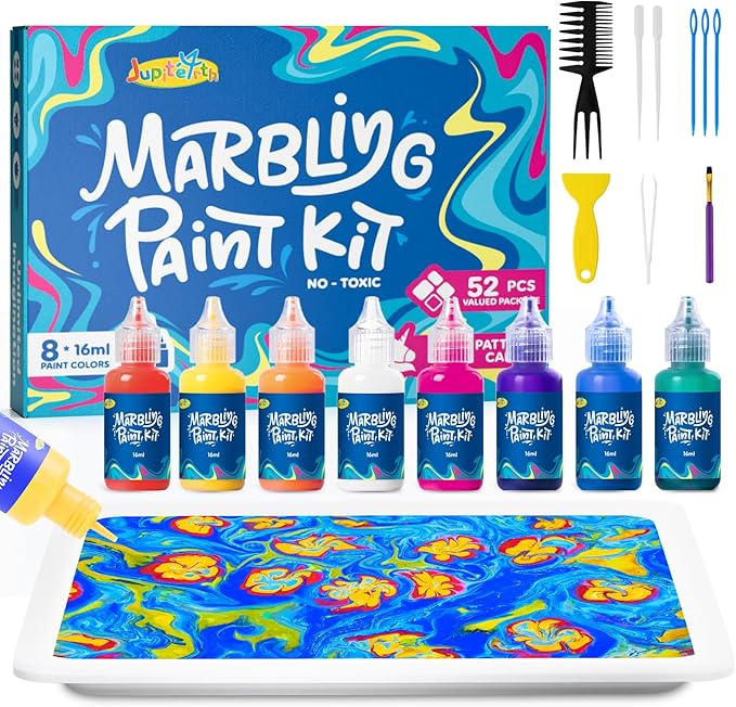 JUPITEARTH 52Pcs Water Marbling Paint Kit, Arts and Crafts for Girls & Boys, Art Supplies for Kids Ages 3-5 4-8 8-12, Marbling Paint for DIY Crafts, Christmas and Birthday Gifts