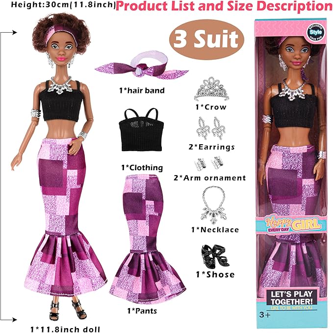 dollbie 6 Pack African American Fashion Dolls Set with Mix & Match Outfits – 11.5" Posable Black Dolls & 5 Accessories Each (Crown, Necklace, Headscarf & More) + Pink Gift Case
