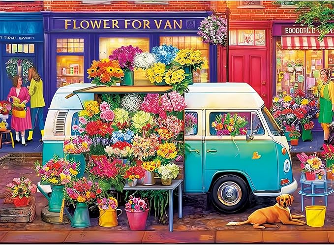 300 Piece Puzzles for Adults,Nature Flower Shop Puzzle for Adults Kids Seniors,Large Piece Fun Puzzle for Kids Ages 8-10 10-12,Challenging Truck Floral Dog Puzzles Perfect for Game Nights,20.5x15 in