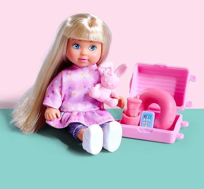 Simba Evi Love Travel Fun - Doll (12 cm) with Opening Case & Travel Accessories, Creative Role Play for Children from 3 Years