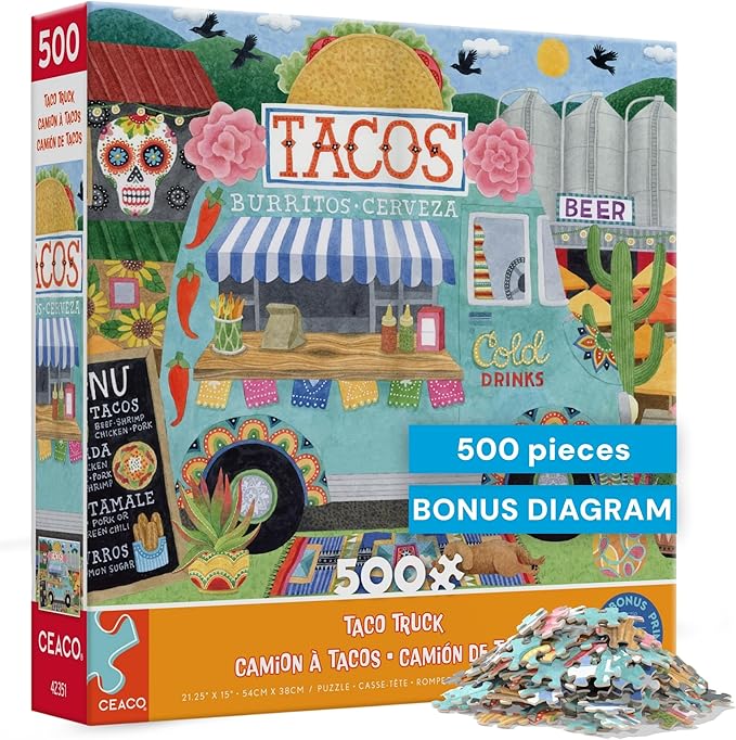 Ceaco - Food Trucks Taco Truck 500 Piece Jigsaw Puzzle with Colorful Vibrant Art for Adults and Teens