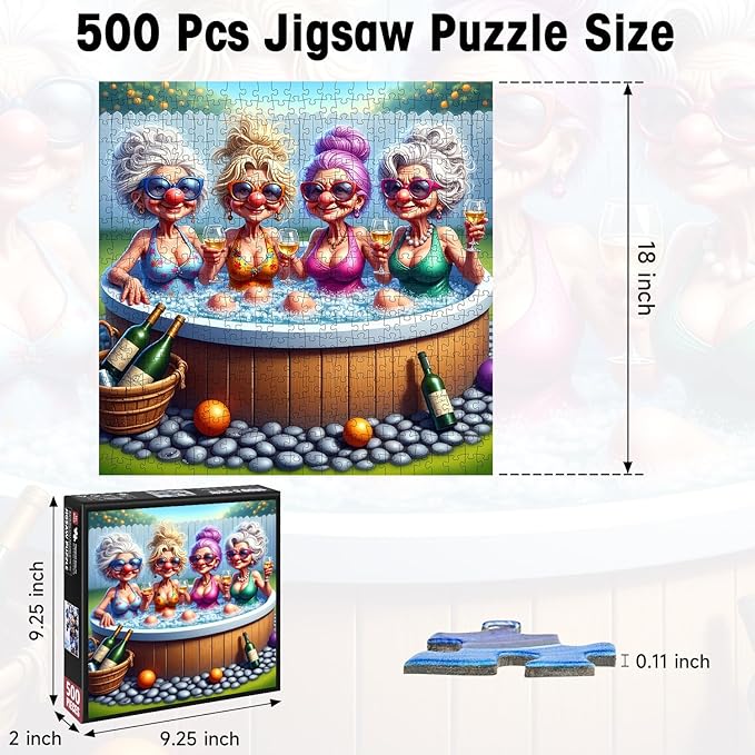 500 Piece Puzzles for Adults, Funny Senior Ladies Hot Tub Jigsaw Puzzle with Wine Scene, Cardboard Puzzle with Letters on Back for Game Nights & Home Decor, 18×18 Inch