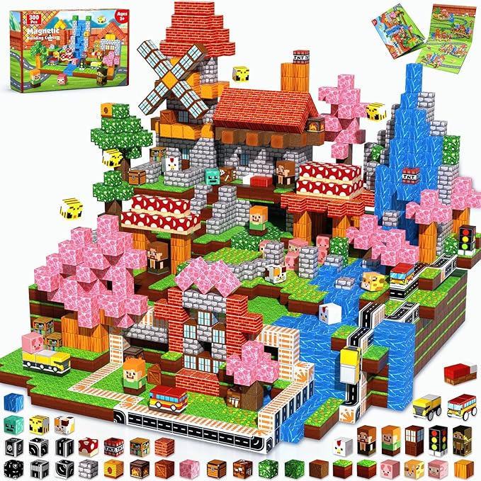 300 PCS Magnetic Blocks - Magnetic Building Block, Stacking Magnet Building Cubes for Kids, Magnetic Construction Toy for Boy Girl, STEM Montessori Sensory Toy Ages 3-12 Years Old Easter Birthday Gift