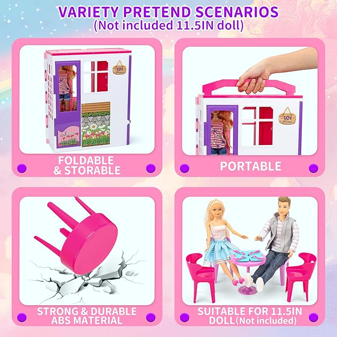 Style Shine Doll House Portable & Foldable Dollhouse w/ 60+ Pcs & 2 Dolls, Play House Toy with Bedroom Kitchen Furniture Camping Playset, Playhouse Birthday Gift for Girl Kid Toddler