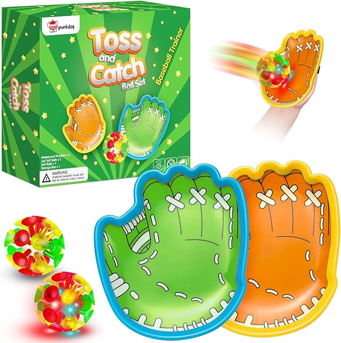 punkdog LED Toss and Catch Ball Game Set - 1 LED and 1 Regular Suction Cup Ball with 2 Easy-Grip Gloves - Beach Sports Toys for Kids - Outdoor Games for Backyard or Park - Easter Gift for Kids