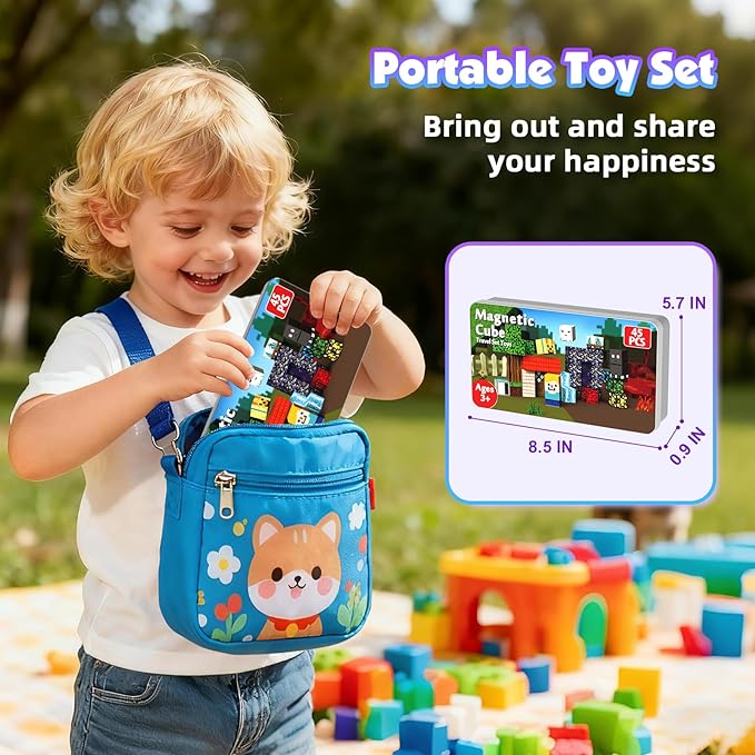 45 PCS 0.8in Mini Magnetic Blocks - Easter Travel Magnet Toys for Kids with Portable Metal Box, Stacking Magnets, Toys and Gifts for Boys and Girls Age 3+ Years Old (Theme: Portal)