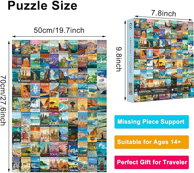 Puzzles for Adults 1000 Pieces Vintage World Travel, Jigsaw Puzzles Landscape Poster Puzzle Landmarks, 1000 Piece Jigsaw Puzzles for Adults 90 Scenics World Scenery