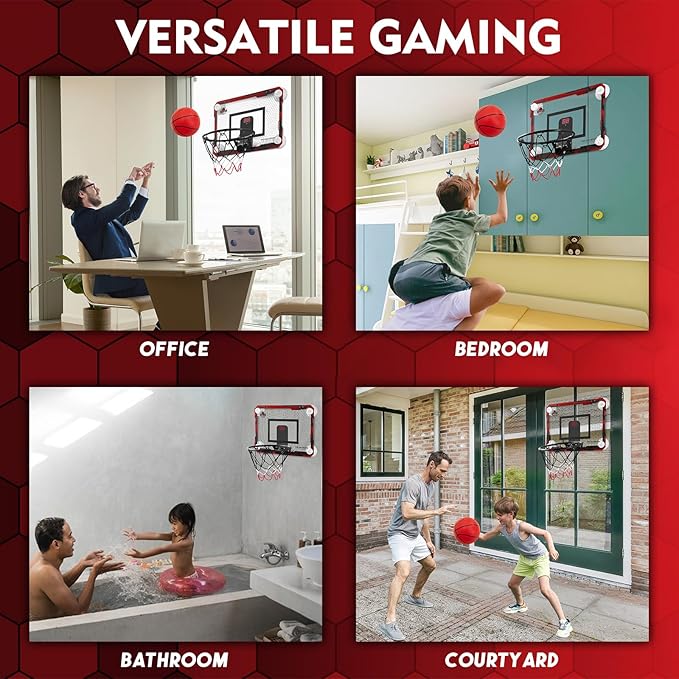 BOHEN Indoor Mini Basketball Hoops with Powerful Suction Cup, Stick to Windows, Wooden Doors, Smooth Walls - Basketball Backboard Indoor Bedroom Office for Kids Teens Adults
