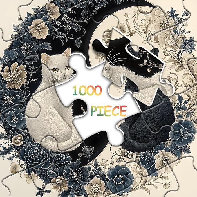 Yin Yang Cat Puzzle for Adults 1000 Pieces, Black and White Kitten Flower Animal Puzzle, Beautiful Aesthetic Art Kitty Floral Jigsaw Puzzle, Impossible Difficult Hard Challenge for Adults