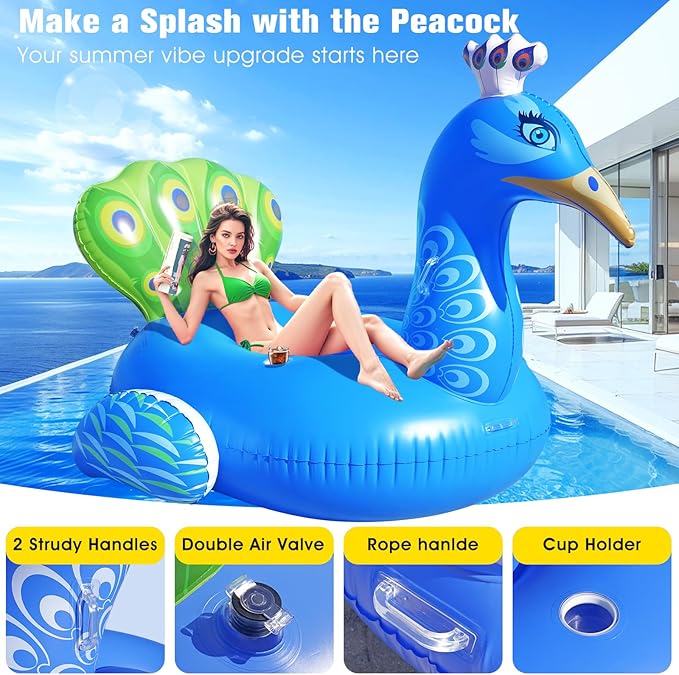 DeeprBetter Inflatable Peacock Pool Float, Gaint Funny Pool Floats Adults, Heavy Duty Pool Floaties Lounger, Large Animal Pool Floats Inflatable Ride-On Floaty for Swimming Pool Party Water Fun