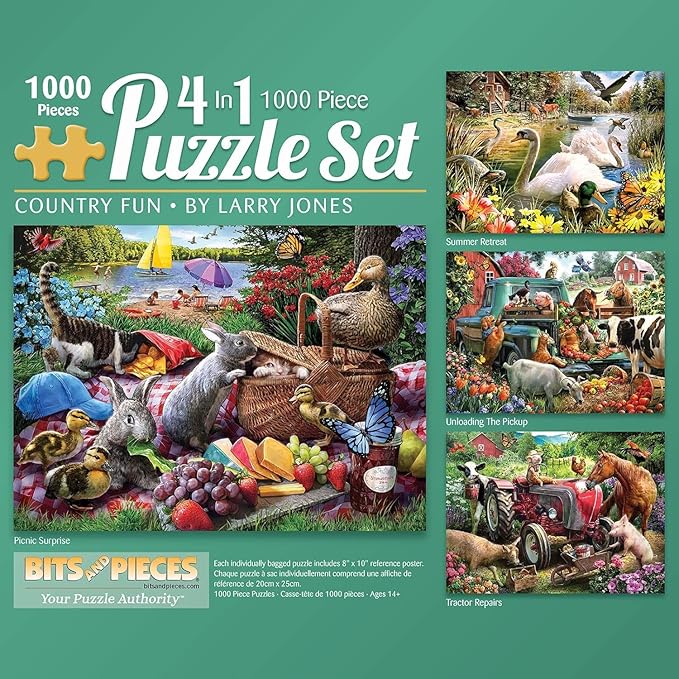 Bits and Pieces – 4-in-1 Multi-Pack 1000 Piece Jigsaw Puzzles for Adults – Country Fun by Artist Larry Jones, Completed Puzzle Size: 20" x 27"