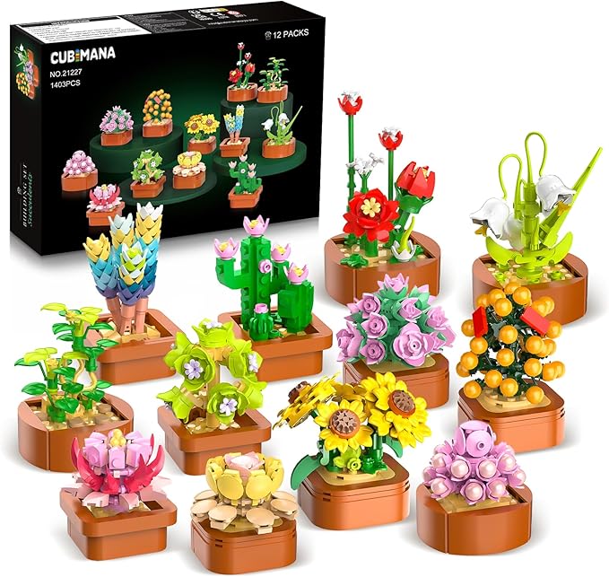 12 Pack Flowers Succulents Mini Building Set - 1403PCS Flower Botanical Collection for Home Office Décor 3.6MM Plant Blocks Toy, Easter Birthday Gifts for Adults Women Kids Girls10+