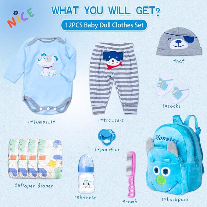 PEDOLLTREE 12 Pcs Set Reborn Baby Doll Clothes Accessories Blue Puppy Outfit Set for 18-22 Inch Newborn Baby Boy Reborn Doll Clothes with Monster Backpack