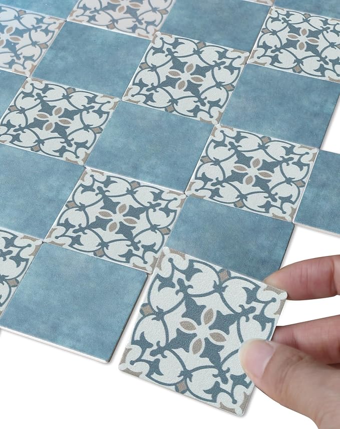 iLAND Dollhouse Flooring on 1/12 Scale 1/6 Scale, Miniature Dollhouse Accessories, 60pcs Double-Sided Dollhouse Floor Tiles (Luxury Rococo Floral & Blue Marble Tiles)
