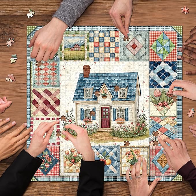 Patchwork Puzzles for Adults 1000 Pieces, PICKFORU Vintage Collage Puzzles House, Retro Spring Flower Pattern Puzzle as Wall Decor
