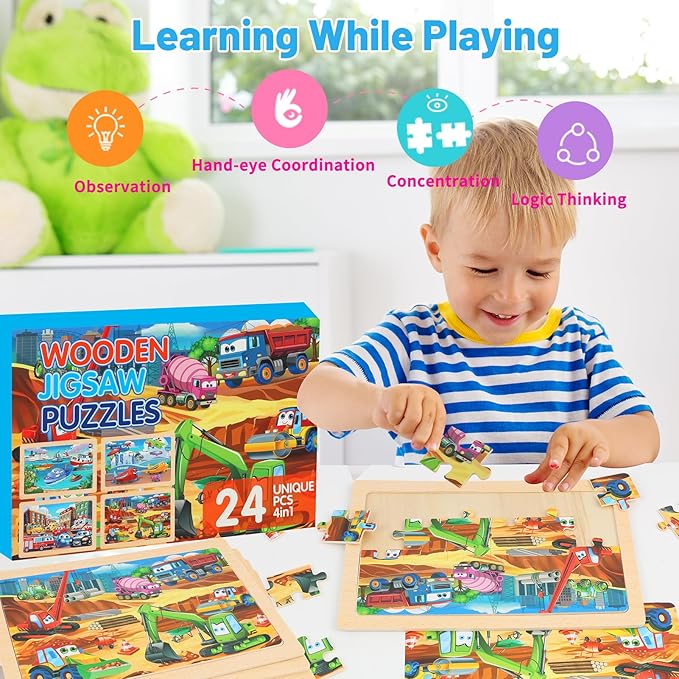 Puzzles for Kids Ages 4-6 – 24-Piece Toddler Puzzles Set (4 Packs) – Construction & Vehicle Learning Activity Toys for Boys & Girls, Perfect Preschool Wooden Puzzles for Toddlers 3-5