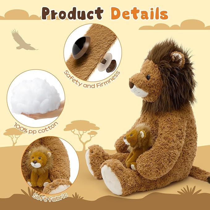 Tezituor Giant Lion Stuffed Animal,2Pcs Large Lion Plush Toy,Cute Jumbo Cuddly Realistic Lions,39in Huge Big Fat Lion Plushie,Soft Oversized Cougar Stuffy,Kids Girls Birthday Valentines Easter Gifts