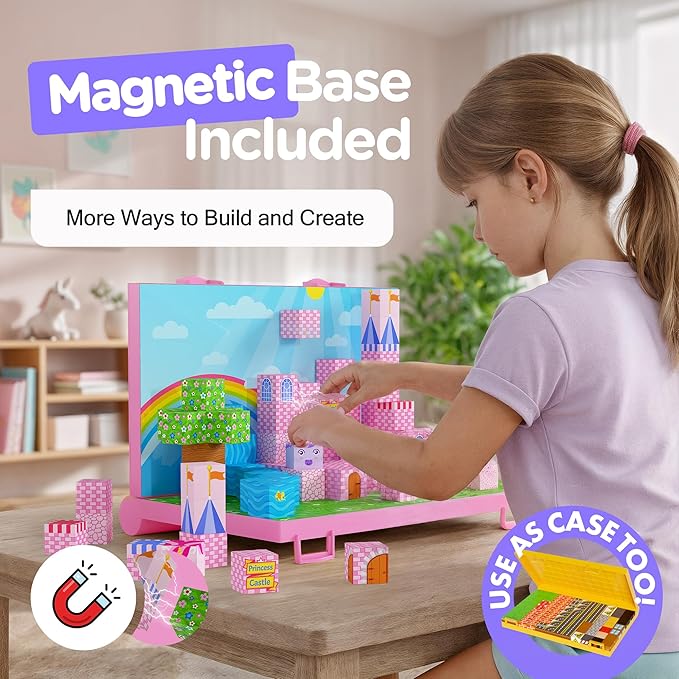 Magnetic Building Blocks for Kids with Magnetic Storage Board — Princess Castle Magnet Cubes Toy Building Set — Gift-Ready 84-Piece Pixy Stacking STEM Building Toys for Boys & Girls Ages 3 to 12