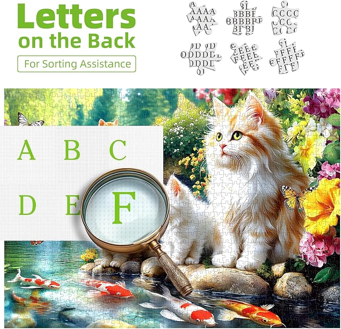 Serene Cat Garden 1000 Piece Jigsaw Puzzle for Adults, Waterfall Scene with Koi Fish and Butterflies, 27.56 x 19.69 Inch, Relaxing, Detailed Art for Solo or Social Puzzling