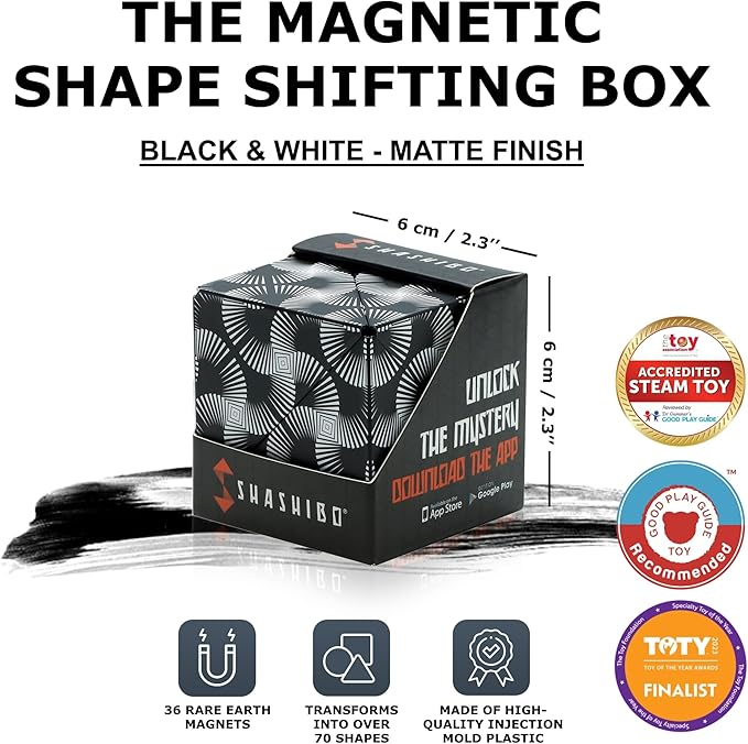 Shashibo Shape Shifting Box - STEM Fidget Toy with Ultra Strong Magnets - Sensory Puzzle Cube Transforms Into 100+ Shapes, Easter Basket Stuffers Gift for Kids, Teens, and Adults (Black & White)