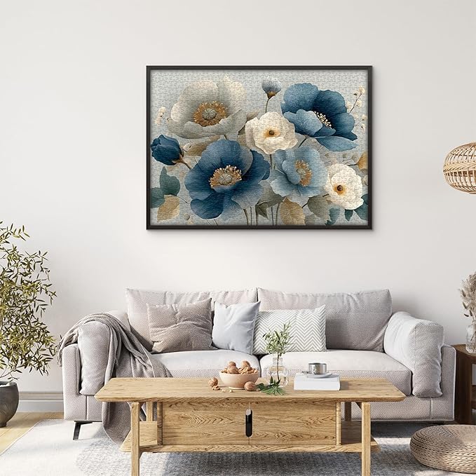 Elegant Flower Puzzles for Adults 1000 Pieces, Vintage Blue White Floral Jigsaw Puzzle, Flower Artistic Puzzle Challenge for Adults Art, Elegant Home Decor