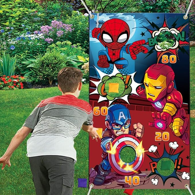 Superhero Themed Toss Games Banner with 6 Bean Bags-Fun Superhero Indoor Outdoor Throwing Game Party Supplies for Kids in Family Games, Superhero Themed Party, Carnival Games (Red)