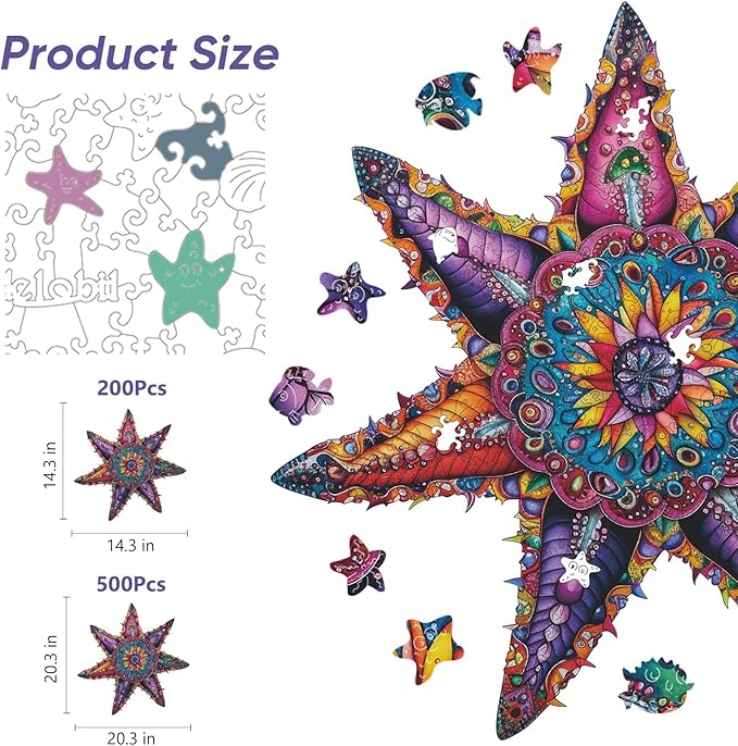 Qiuenisray Wooden Jigsaw Puzzles for Adults 500 Piece, Starfish Ocean Wood Jigsaw Puzzles, Wall Decor, FSC Certified Royal Unique Shape Adult Puzzles Piece, Creative Gift for Family Games 20.3x20.3 in