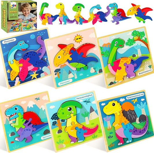 TOY Life Wooden Puzzles for Toddlers 2-4, 6 Pack Dinosaurs Puzzles for Toddler 1-3, Kids Montessori Toys for 1 2 3 Year Old, Educational Toys for Boys Girls Age 2 3 4 5, Baby Learning Toy Gifts