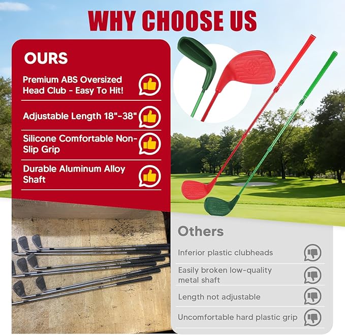 2 Pack Backyard Golf Clubs Adjustable Telescopic 18-38 Inch Aluminum Alloy Shafts Oversized Forgiving Heads Chipping Sticks for Indoor Outdoor Yard Games Works with Plastic or Foam Balls