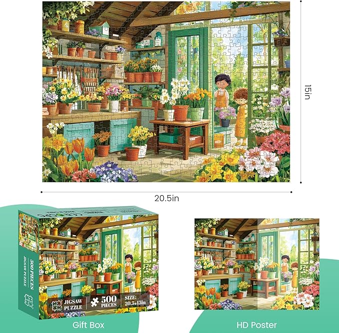 500 Piece Jigsaw Puzzles for Adults, Cozy Flower Shop with Children Puzzles for Adult, Fun and Challenging Puzzle for Party Time, Relaxing Gift for Adults, Seniors, 20.5 x 15 in