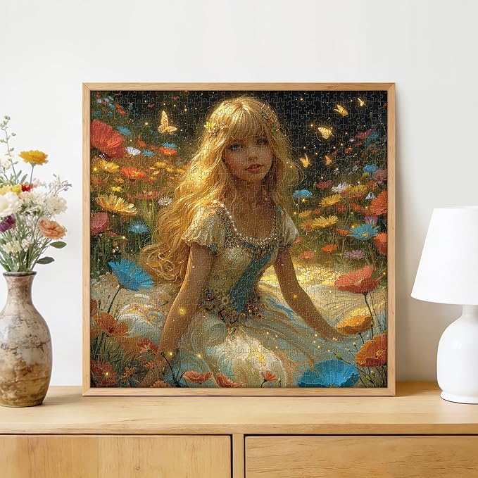 Enchanted Forest Fairy 1000 Piece Jigsaw Puzzle for Adults - Magical Flower Field Scene with Butterflies, Poster & Lettered Back, 22.8" Square HD Quality, Unique Gift for Fantasy & Nature Lovers