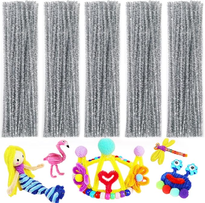 Silver Glittery Pipe Cleaners for Arts & Crafts - Craft Supplies, Art Supplies
