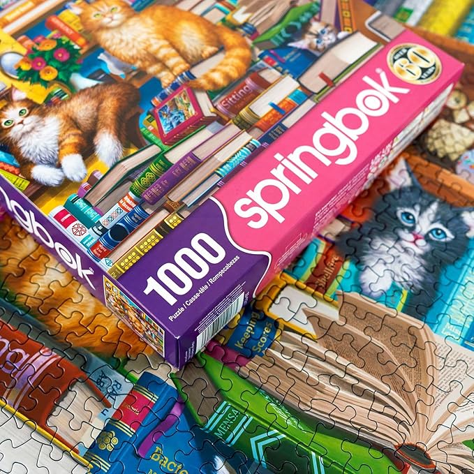 Springbok's Bookshop Cats 1000 Piece Puzzle for Adults Featuring Furry Felines Perched on The Bookshelf. Cat Lovers Will Enjoy This Masterpiece.