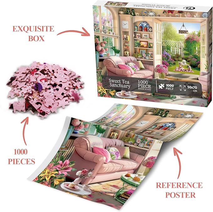 Tea Time Cabin Puzzle 1000 Piece for Adults, Book Cozytime Garden Jigsaw Puzzles, Dog Plant Puzzle