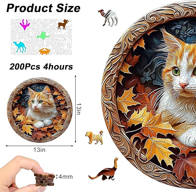 Wooden Puzzles for Adults, 210 Pieces Unique Cat & Autumn Leaf Pattern 3D Ornate Frame Wooden Jigsaw Puzzle, Easter Gift for Mom, for Cat Lovers