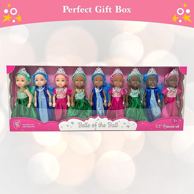 Little Dolls Set with Mini Princess Dolls for Girls – Princess Toy Dolls for Dollhouse –Small Doll Mini Princess Figures with Tiaras, Hair Accessories