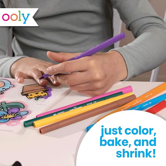 Ooly 74 PC DIY Shrinking Art Kit with 8 Paint Markers, Includes 48 Plastic Pre Cut Charms, 15 Colored Ball Chains and 2 Colored Cords, No Mess Creative Activity Jewelry Making Kit