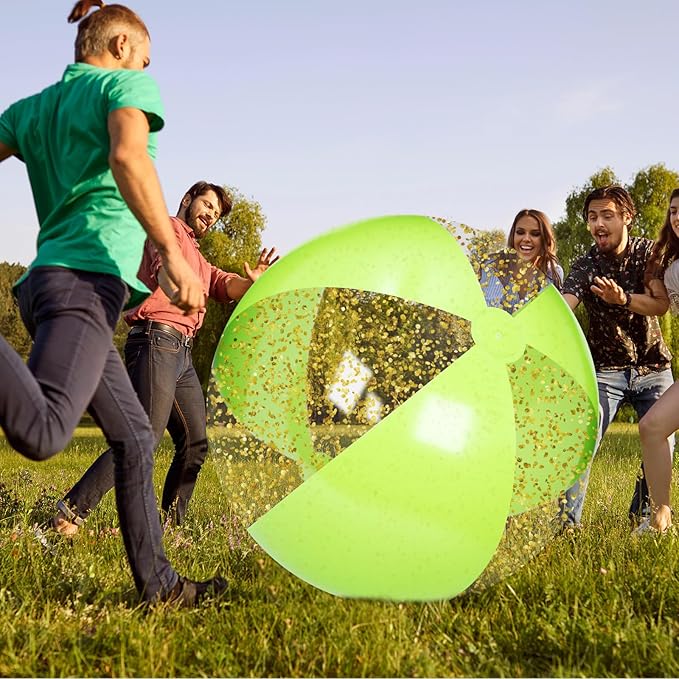 Realspring 2 Pcs 48'' Giant Beach Balls for Swimming Pool 4 Ft Jumbo Glitter Confetti Inflatable PVC Pool Balls Large Summer Blow up Beach Toys for Adults Summer Outdoor Party Favor(Green)